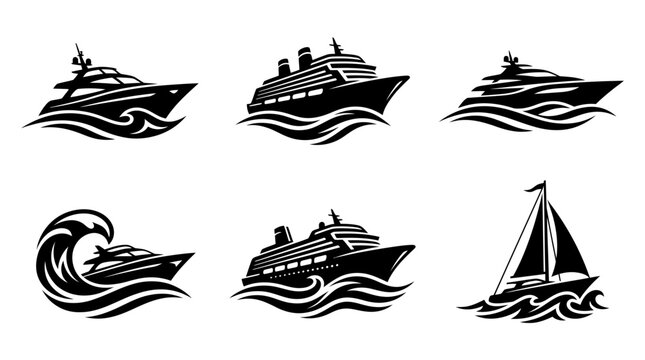 Six Stylized Black And White Watercraft Vector Illustrations.