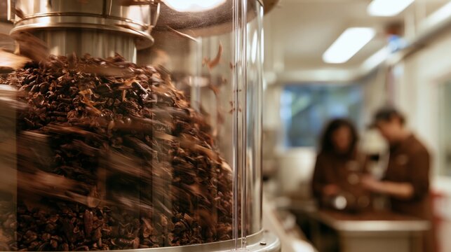 Cacao winnowing chamber with separating nibs and husk in sharp focus and blurred chocolate makers behind. Concept of bean to bar chocolate production.