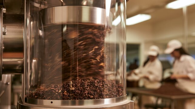 Cacao winnowing chamber with separating nibs and husk in sharp focus and blurred chocolate makers behind. Concept of bean to bar chocolate production.