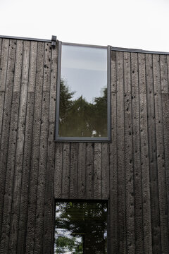 Low-angle view of a modern facade clad in black Shou Sugi Ban timber, featuring vertical charred boards, a tall reflective window, trees, and ample sky copy space