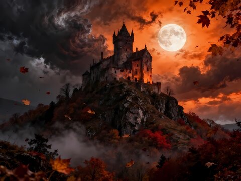 Enchanting autumn castle illuminated by a full moon on a mystical, misty hilltop, surrounded by fiery foliage
