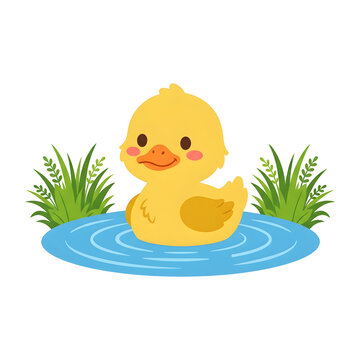 Cute yellow baby duckling swimming in blue water with green grass on transparent background