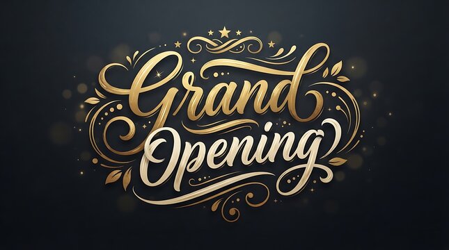 Elegant gold calligraphy text for a grand opening celebration on a dark background.