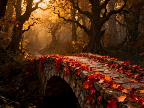 Enchanting Autumn Forest Landscape with a Small Stone Bridge Covered in Vibrant Red Fall Leaves and Golden Sunlight