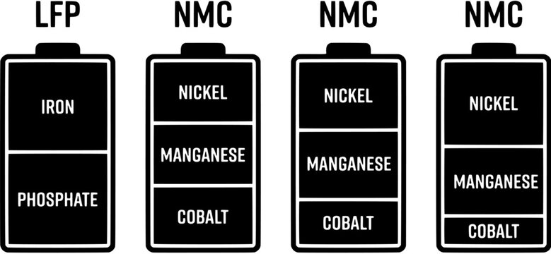Battery chemistry icon set in flat style including LFP and NMC cell types, representing lithium iron phosphate and nickel manganese cobalt cathode compositions.