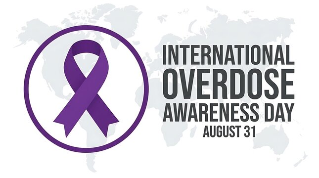 International overdose awareness day graphic with purple ribbon and world map