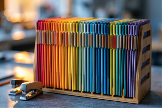 Gradient colorful folders on wooden rack with blank tabs, warm window light, soft blurred background, minimalist desk layout with negative space for school administration and education marketing.