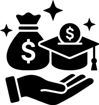 Education savings icon set including graduation cap, money bag and hand. Vector illustration representing scholarship fund, student savings and tuition payment.