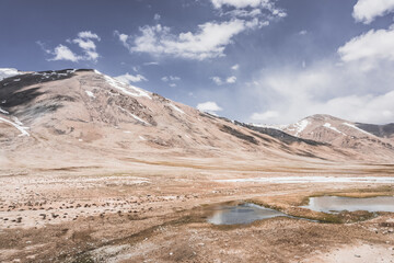 Clear-water rivers and lakes in a mountain valley, pastures and green grassy fields set against mountain ranges and snow-capped, glacier-clad peaks—a scenic landscape background © Denis