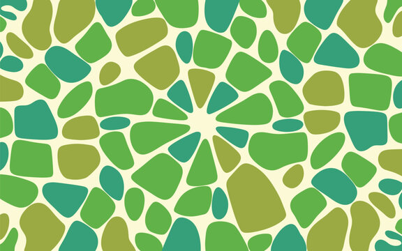 Abstract green organic pebbles pattern background vector illustration. Radial stone mosaic print, camouflage pebble wall texture, decorative natural shape graphic template.