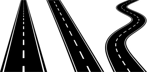 Naklejka premium Road icon set in a flat design style including straight, perspective and winding highway paths.