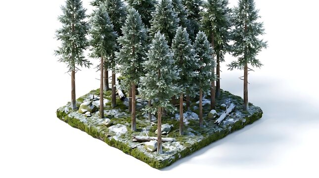 Isometric coniferous forest landscape on floating terrain.