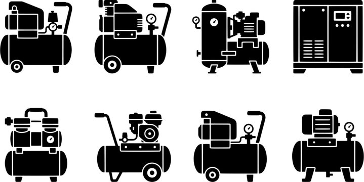Air compressor icon set in a flat black silhouette style including portable, industrial, tank, gauge and pump machinery.