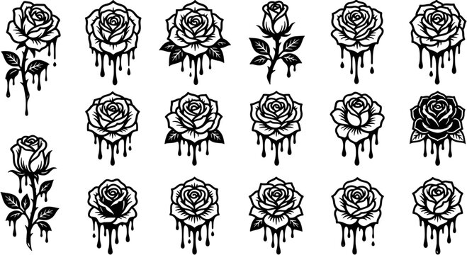 Rose flower icon set in a gothic style including dripping petal and stem designs. Collection of decorative floral symbols in solid black silhouette, isolated on white background.