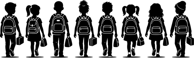 Obraz premium School children icon set in a flat black silhouette style including boys and girls with backpacks and lunch boxes walking to school.