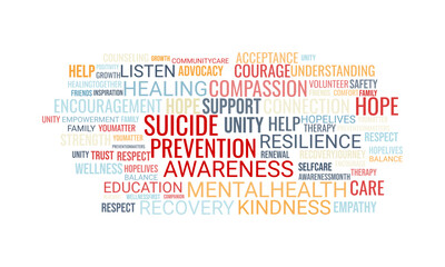 Fototapeta premium Suicide prevention word cloud promoting hope, kindness, compassion, awareness, healing, and emotional support.