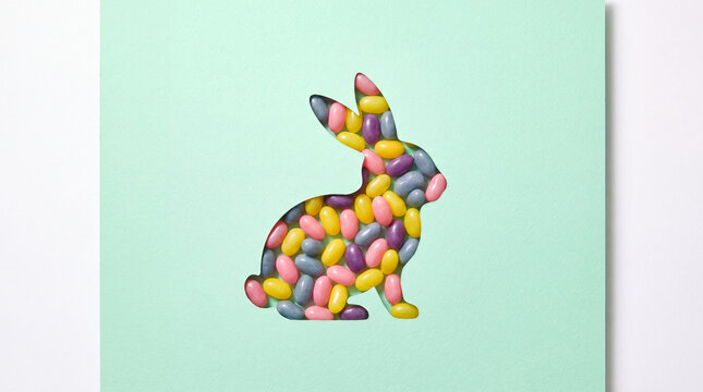 Colorful jelly beans shaped like an easter bunny on light green paper.