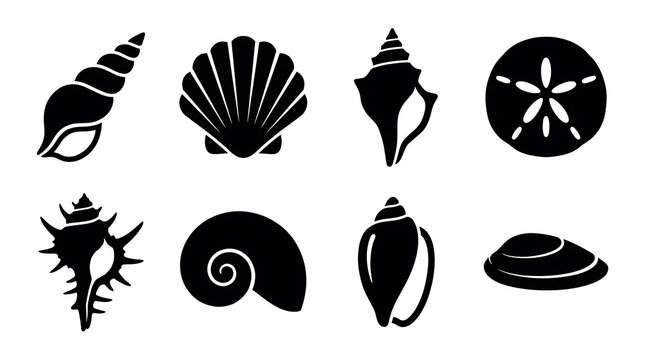 Black silhouette seashell and marine life icons collection.