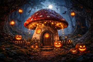 Fototapeta premium Enchanted mushroom house illustration