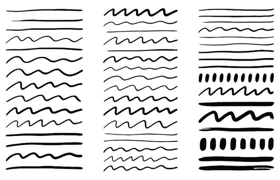 Hand drawn doodle brush stroke underline elements illustrating text highlighting, emphasis lines, sketch marks, and marker effects. Transparent Background.