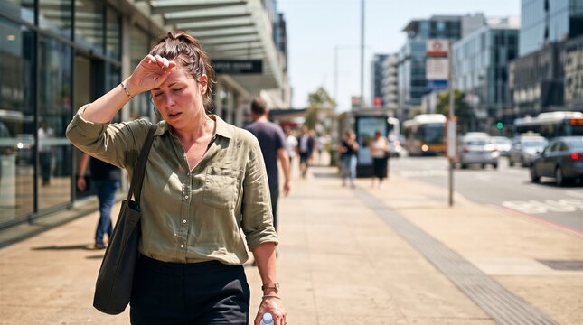 Distressed woman wipes sweat from her forehead while walking on a sunny city sidewalk during a hot summer day.