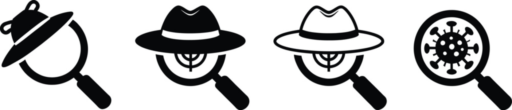 Fraud detection icons set, hacker symbols, malware scanning, computer virus detection, cybersecurity investigation, scam protection, and magnifying glass security icons.