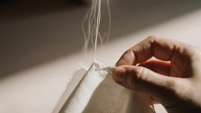 Intimate close up of hands threading a needle with thread.