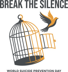 Fototapeta premium Open birdcage with bird soaring upward vector artwork with Break The Silence headline for World Suicide Prevention Day awareness poster design
