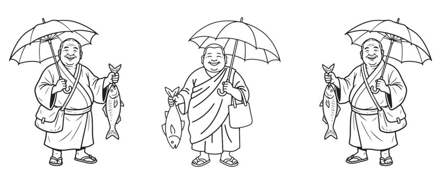Happy monk holding fish and umbrella, laughing, traditional robes, middle aged man, Buddhism, religious figure, black and white illustration.