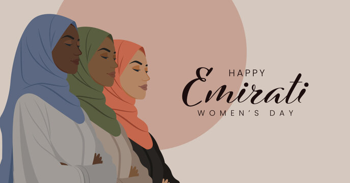 Happy Emirati Women's Day Greeting Banner with Diverse Women Wearing Colorful Hijabs Modern Flat Illustration