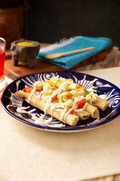 Tacos Dorados. Mexican dish also known as Flautas, consists of a rolled corn tortilla with some filling, commonly chicken or beef or vegetarian options such as potatoes.