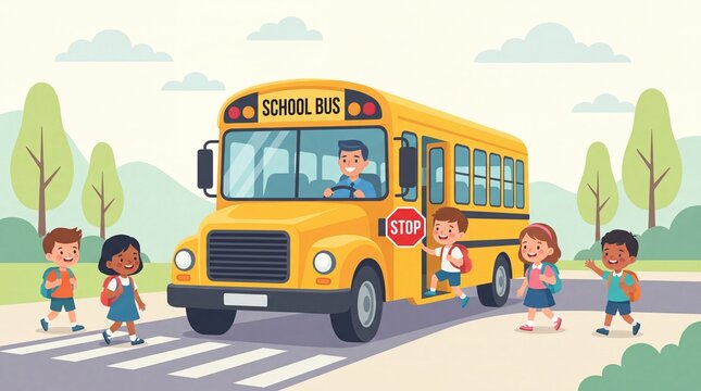 Colorful illustration of a school bus with children crossing the street, surrounded by trees and hills in a cheerful outdoor setting
