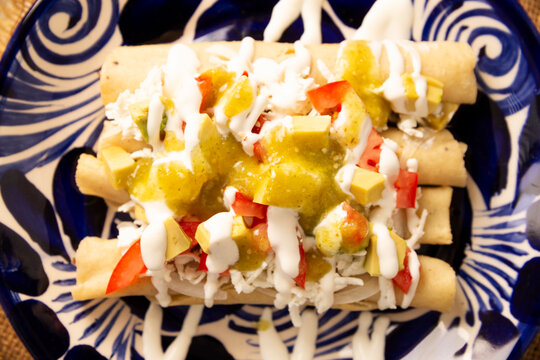 Tacos Dorados. Mexican dish also known as Flautas, consists of a rolled corn tortilla with some filling, commonly chicken or beef or vegetarian options such as potatoes.