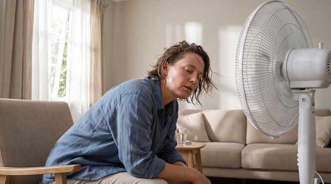 Exhausted woman tries to cool down by sitting in front of a white electric fan in a sunlit living room.