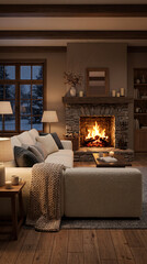 Fototapeta premium Cream bouclé sofa facing burning stone fireplace, orange flames and glowing embers, oatmeal wool blanket, amber firelight glow, winter evening