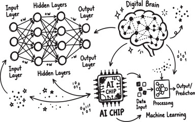 Obraz premium Machine learning processes are explained through a detailed conceptual diagram showing data input and output.