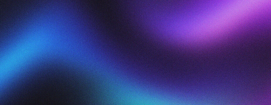 Abstract grainy gradient background with vibrant blue and purple light waves. Soft neon glow texture on dark backdrop. Cinematic blurry liquid motion for modern technology and music posters.