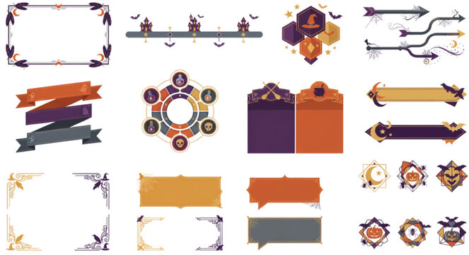 Modern Halloween decorative frames, banners, labels, borders and seasonal branding element collection for creative design vector illustration