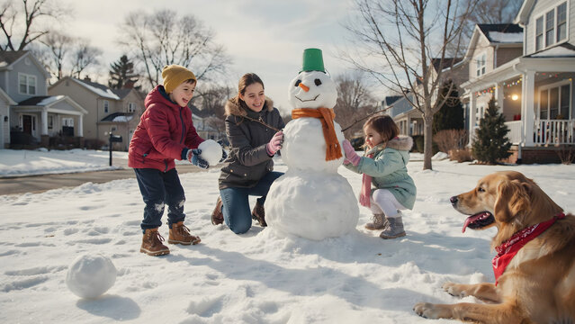 Family building a snowman in a snowy front yard with a golden retriever dog watching them near suburban houses on a bright winter afternoon