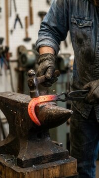 Master Blacksmith Forging Glowing Iron Horseshoe on Heavy Anvil in Traditional Workshop Setting