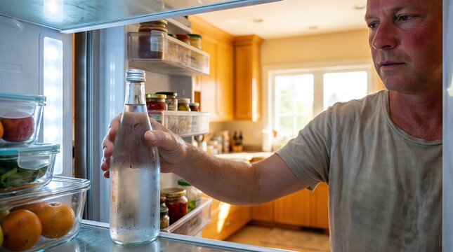 Man reaches for a glass bottle of water inside an open refrigerator in a bright kitchen.