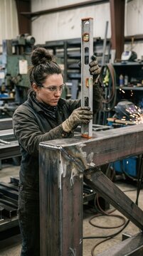 A vertical shot of a female metal fabricator wearing safety glasses and gloves using a spirit level to check the alignment of a heavy welded steel frame in a metal workshop