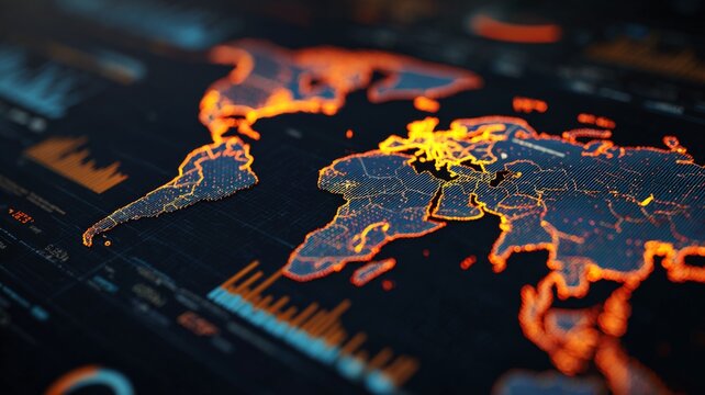 Digital world map visualization featuring glowing orange data networks over dark abstract background with analytical charts against displays high tech