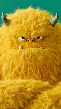 3D render of a fluffy yellow fuzzy monster with horns and a funny grumpy face against a teal background