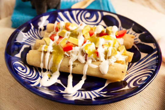 Tacos Dorados. Mexican dish also known as Flautas, consists of a rolled corn tortilla with some filling, commonly chicken or beef or vegetarian options such as potatoes.