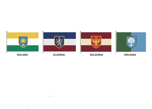 Fantasy flag collection featuring Solara, Eldoria, Valoria, and Arcana with unique heraldic emblems and colors
