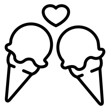 Logo ice cream. Icono con dibujo sencillo con l&iacute;neas de dos conos de waffle con una bola de helado y un coraz&oacute;n