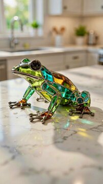 Intricate stained glass and silver metal frog figurine resting on a white marble kitchen countertop