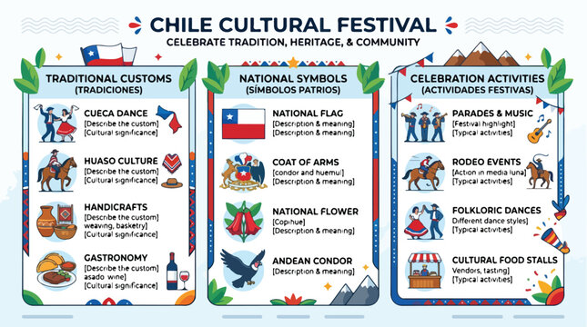 Chile Cultural Festival Celebration of Tradition Heritage and Community with National Symbols Customs and Activities Illustrated Infographic