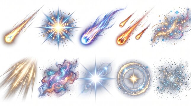 Fantasy magic spell effects collection, glowing meteor and starburst energy icons, celestial cosmic light trails set on white background